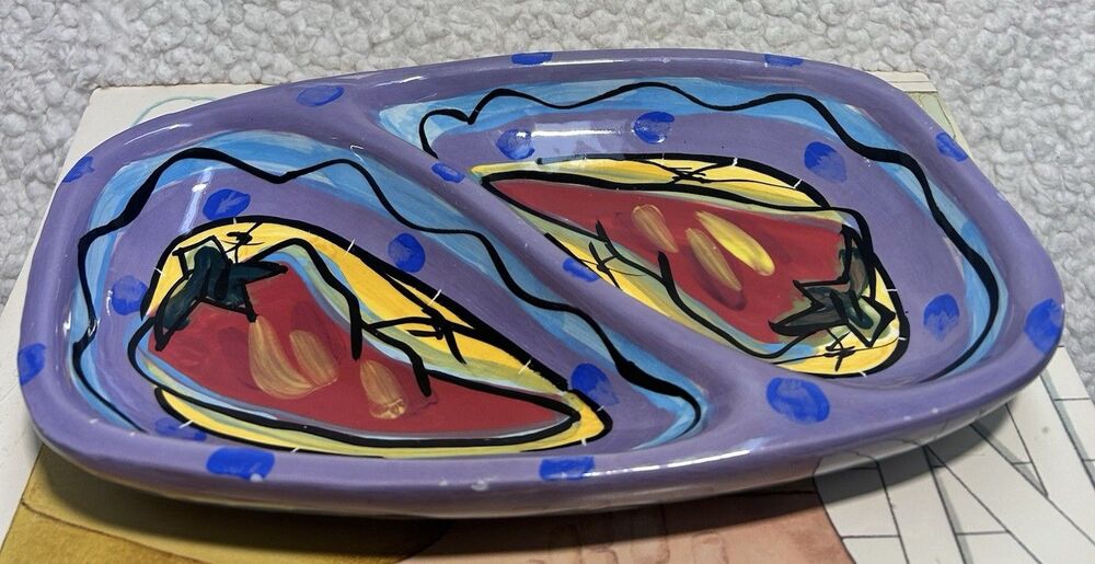 Art Pottery Kelly Jo Kuchar Ceramic Divided Bowl plate EUC Hand Painted Signed